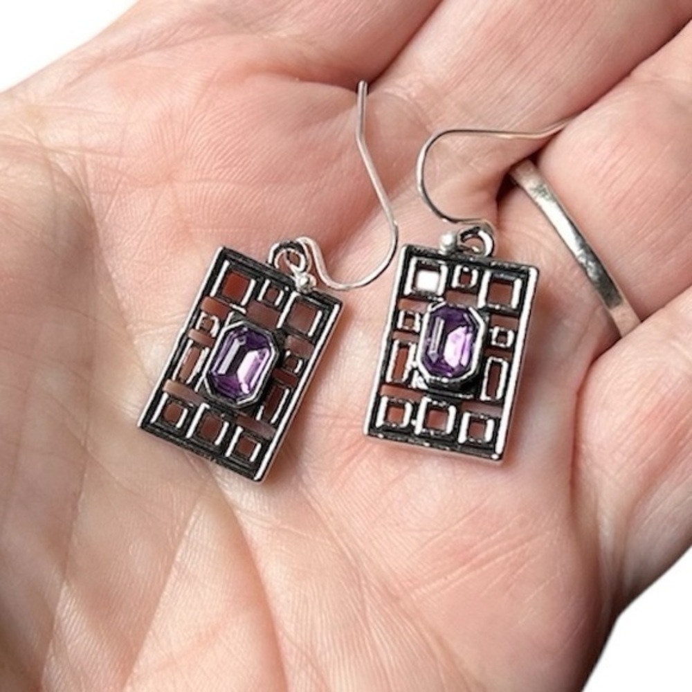 New Silver Amethyst Geometric Dangle Earrings